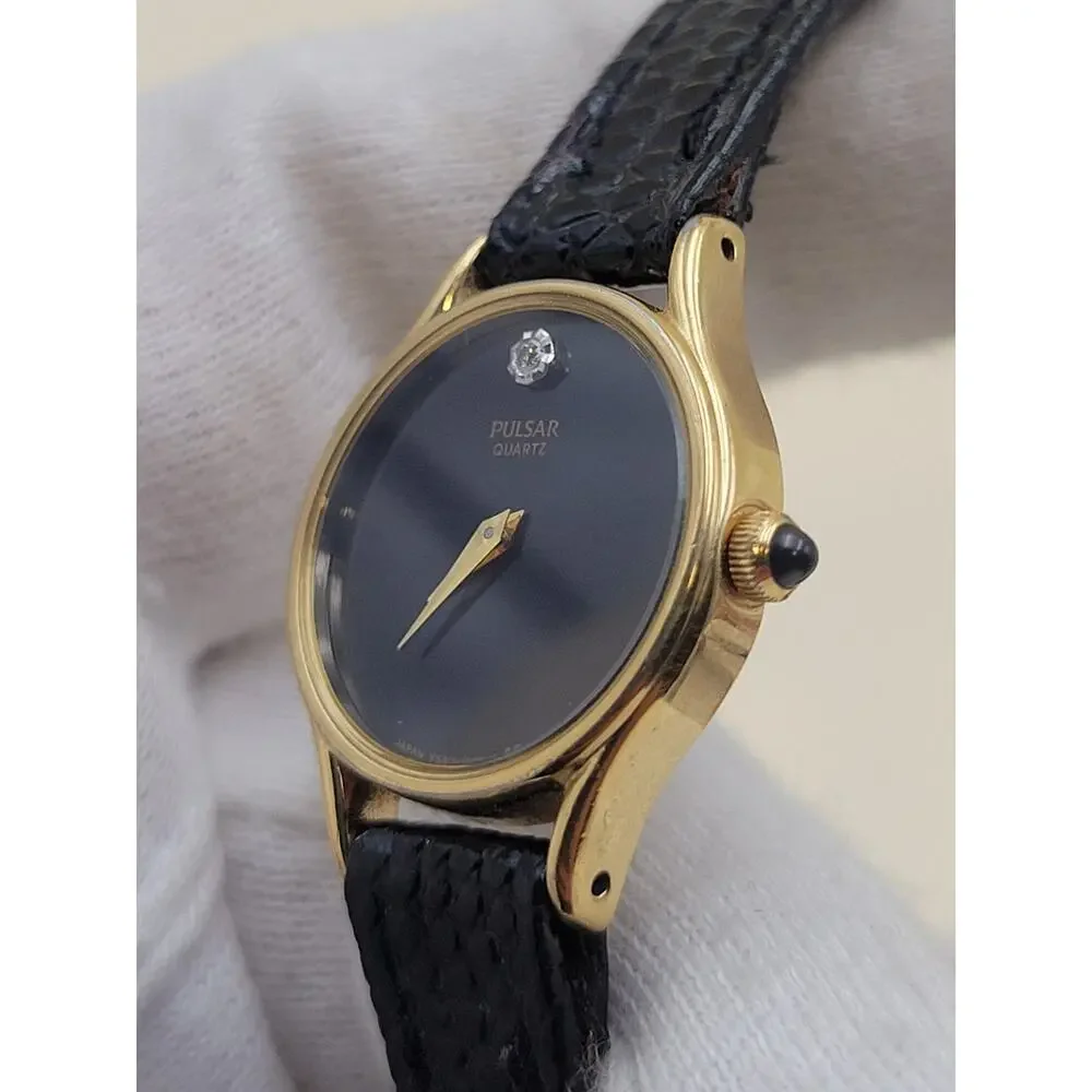 Pulsar Quarzt Women's Watch Y150-0150 Gold Tone Black Dial Diamond Accent Vtg